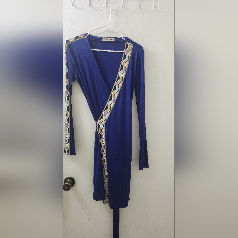 Emilio Pucci Blue Wrap Dress with Patterned Trim, Size 4.